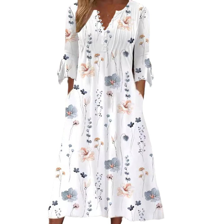 Women flowing midi dress with V-neck, decorative button placket, chest pleats, bow sleeves and side pockets Mune Fashion
