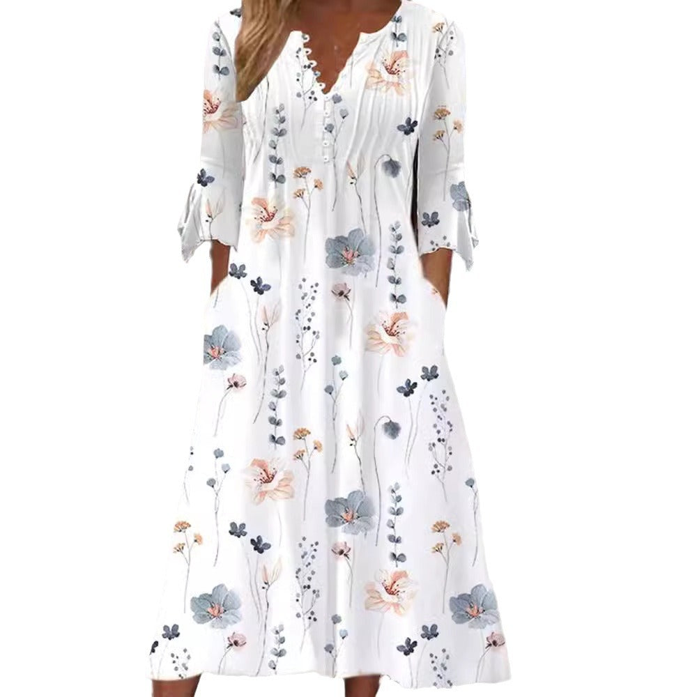 Women's flowing maxi dress with V-neck, chest yoke, ruffled sleeves and pockets Mune Fashion