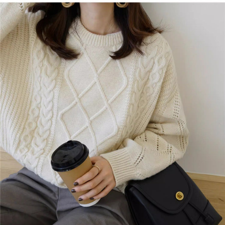 Women’s Oversized Cable Knit Sweater with Openwork Details and Ribbed Hem Mune Fashion