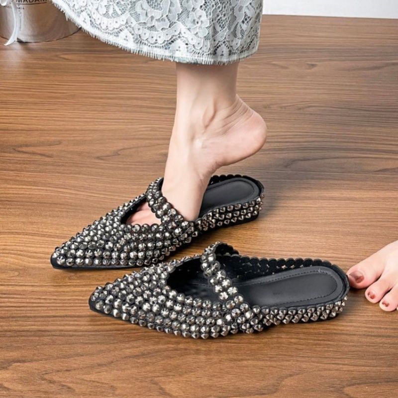 Women pointed toe Mule with sparkling crystal applications and strap Mune Fashion