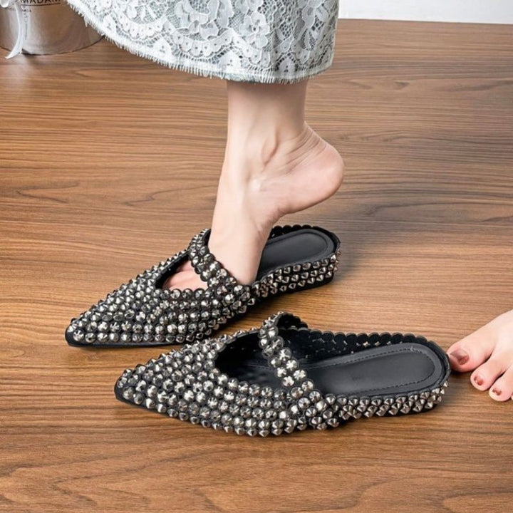 Women pointed toe Mule with sparkling crystal applications and strap Mune Fashion