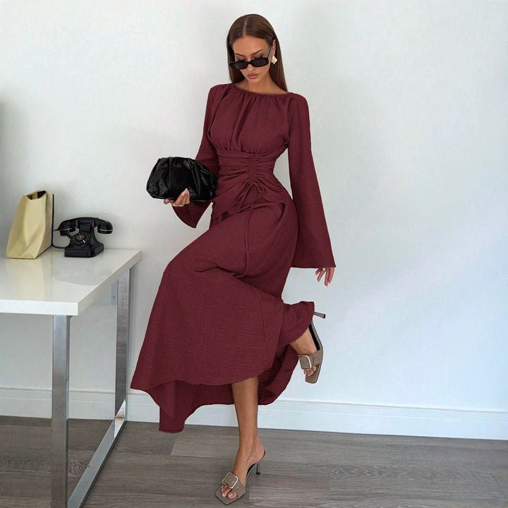 Women's maxi dress with gathered waist lacing, wide sleeves, and flowing skirt Mune Fashion