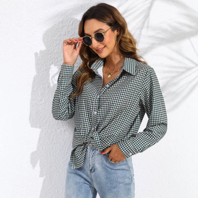 Women knotted houndstooth blouse with shirt collar and continuous button placket Mune Fashion