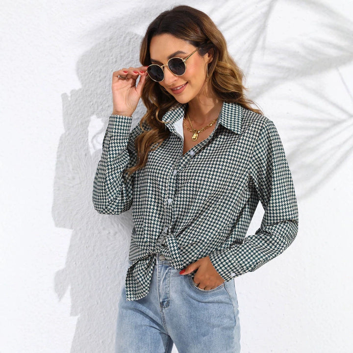 Women knotted houndstooth blouse with shirt collar and continuous button placket Mune Fashion