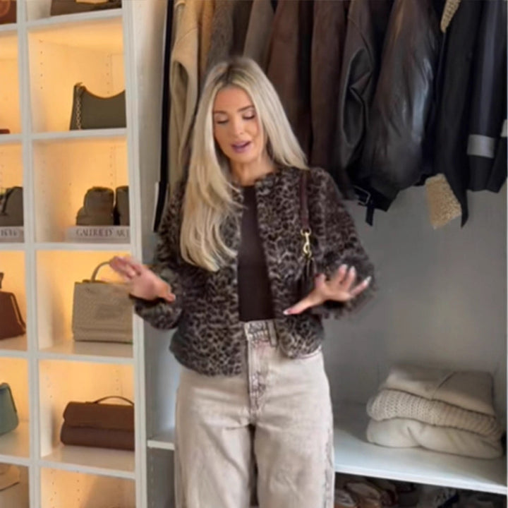 Women Short Cut Faux Fur Blouson with Leopard Print and Boxy Silhouette Mune Fashion
