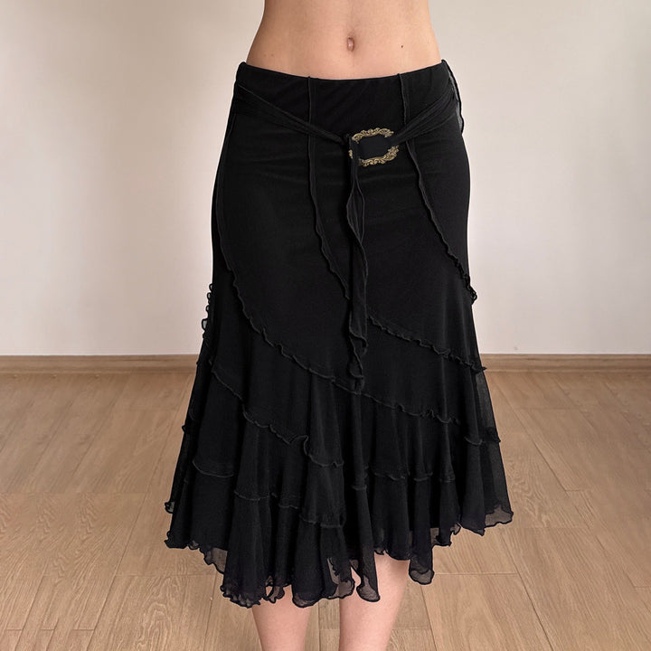 Women's midi skirt made of chiffon with layers, asymmetrical seam lines and decorative belt Mune Fashion