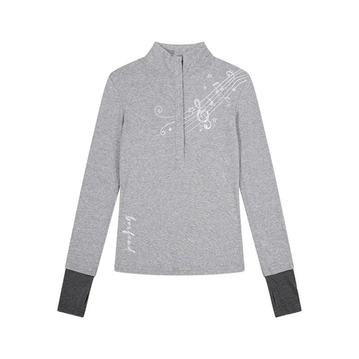 Women’s long-sleeve shirt with Henley button placket, contrast cuffs, and music note print Mune Fashion