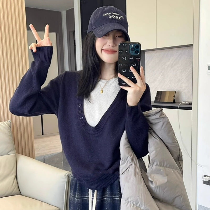 Women's Deep V-Neck Fine Knit Sweater with Layering Effect and Light Waist Definition Mune Fashion