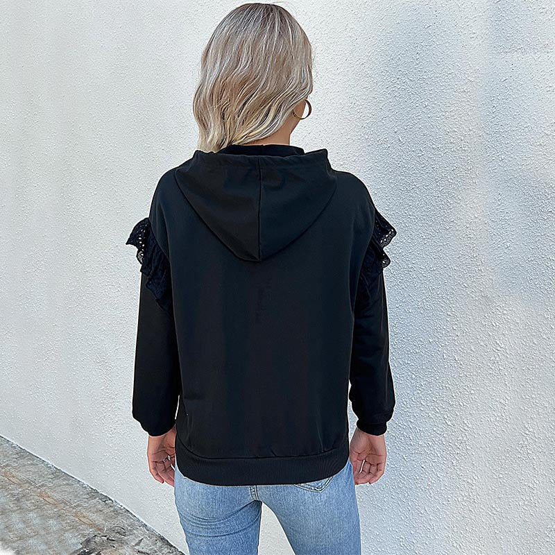 Women's hooded sweater with lace ruffle, kangaroo pocket & ribbed cuffs Mune Fashion