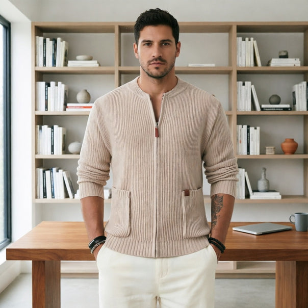 Men's Ribbed Cardigan with Front Zipper and Patch Pockets Mune Fashion