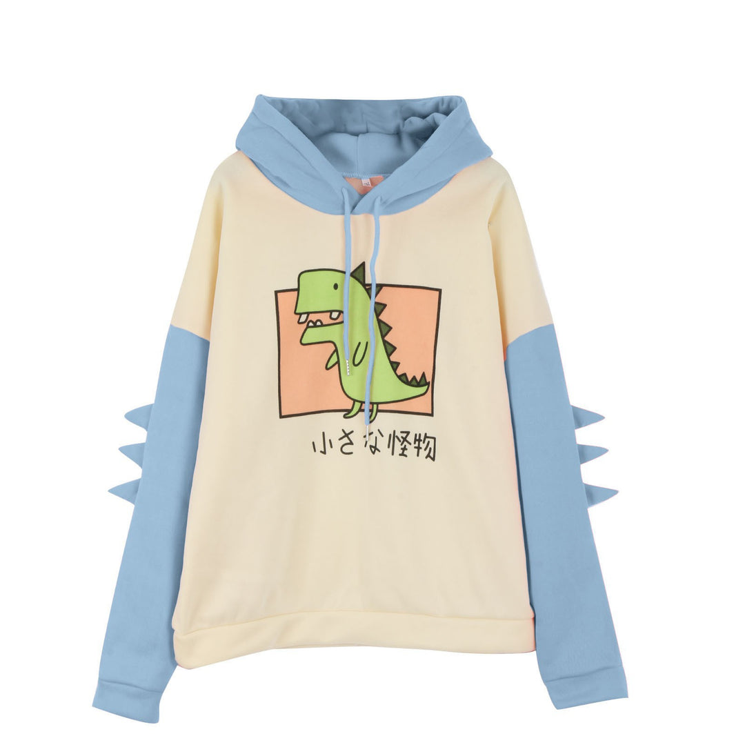 Women's Hooded Sweater with Three-Dimensional Back Details and Cute Dinosaur Print Mune Fashion