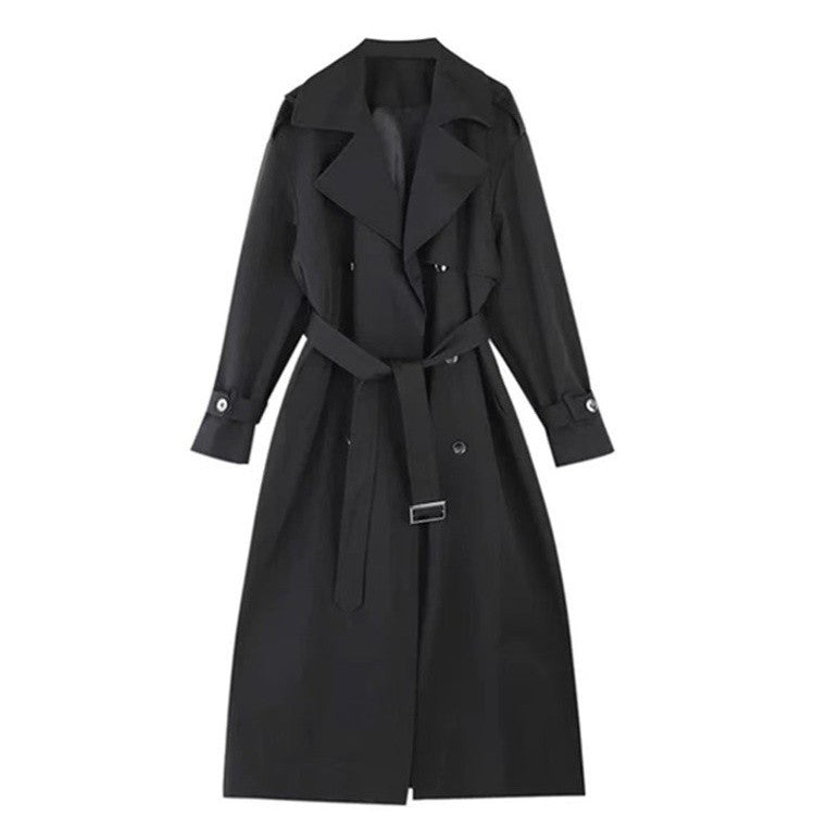 Women Long Double-Breasted Trench Coat with Shawl Collar, Oversized Cut and Concealed Waistband Mune Fashion