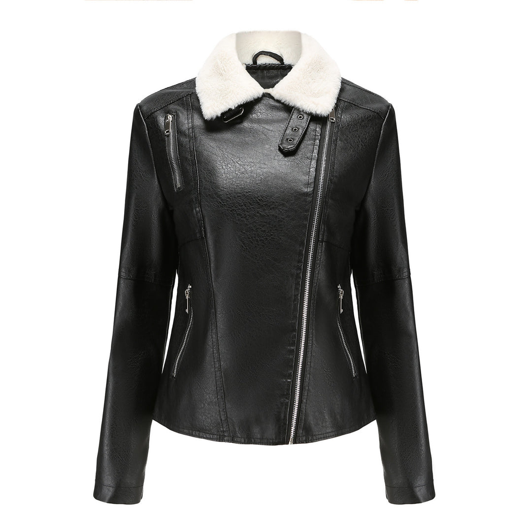 Women's fitted faux leather biker jacket with detachable faux fur collar and diagonal zipper Mune Fashion