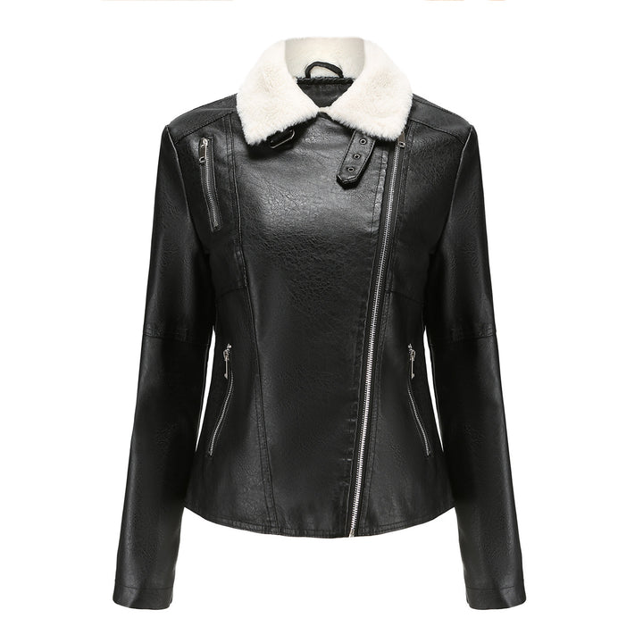 Women's fitted faux leather biker jacket with detachable faux fur collar and diagonal zipper Mune Fashion