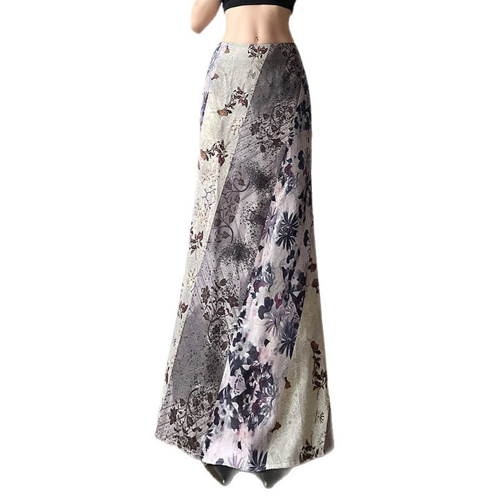 Women's Long Maxi Skirt with Diagonal Patchwork Prints and Slim A-Line Mune Fashion