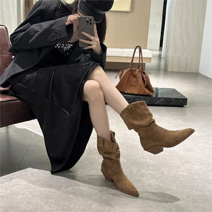 Women's Slouch Cowboy Boots with Pointed Toe and Sculpted Kitten Heel Mune Fashion