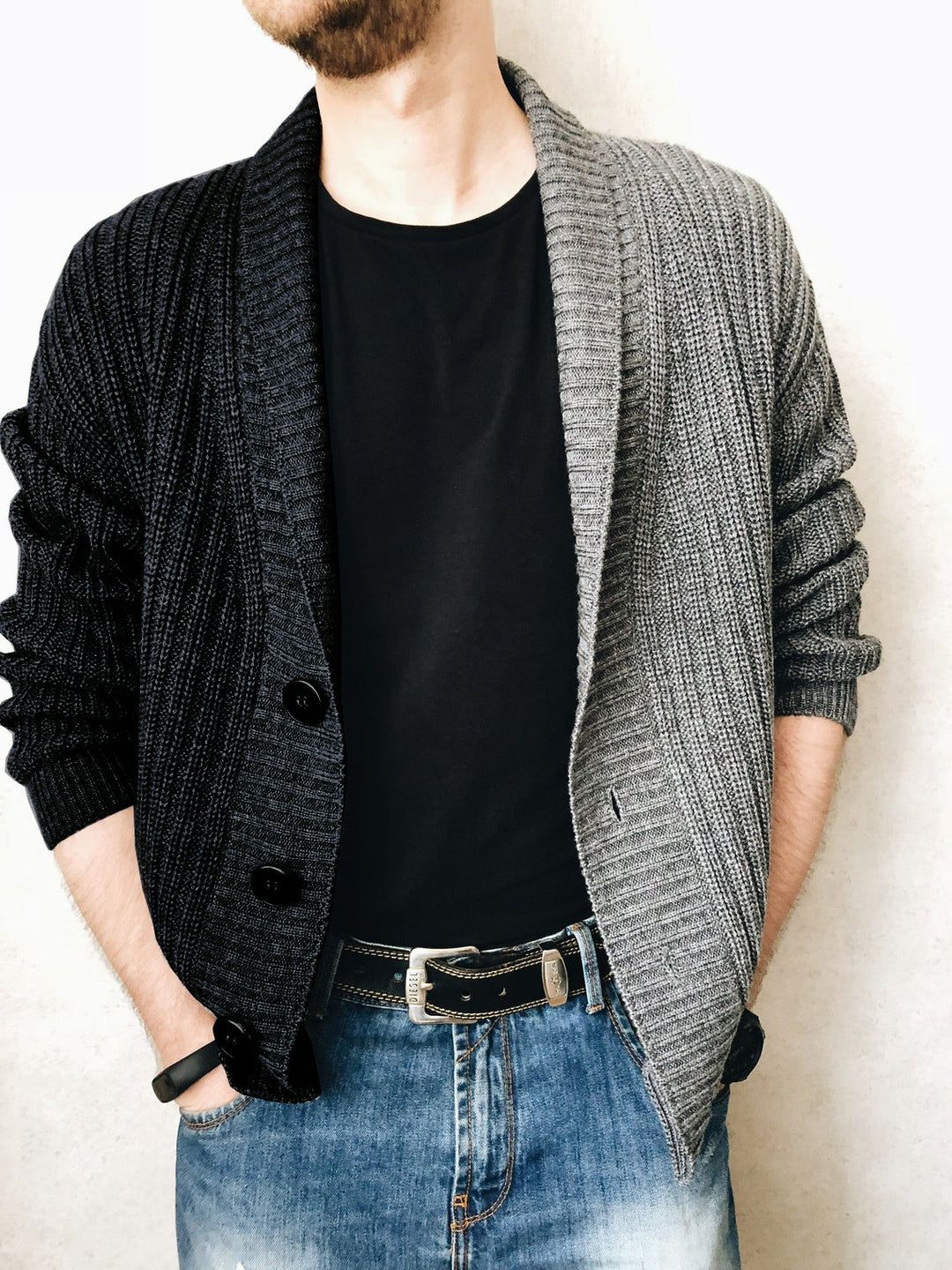 Men's chunky knit cardigan with shawl collar, ribbed texture and distinctive buttons Mune Fashion