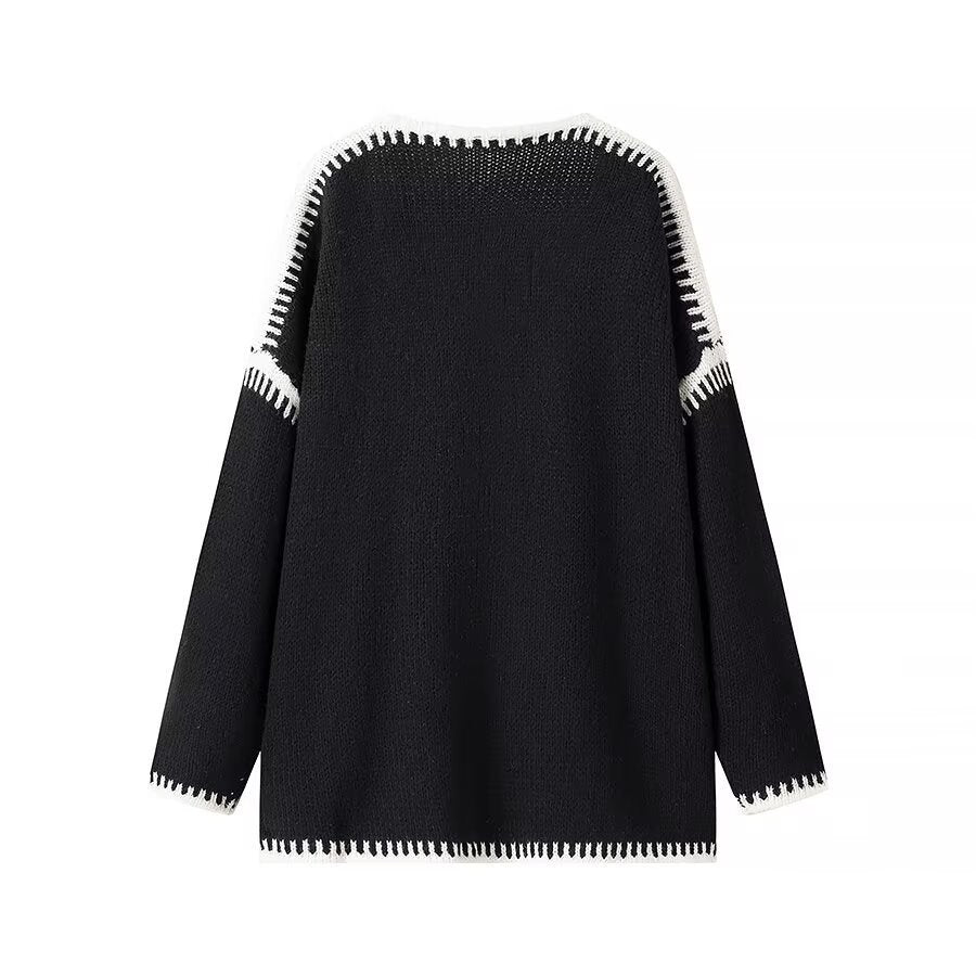 Women's Oversized Cardigan with Contrasting Crochet Edge and Dropped Shoulder Mune Fashion