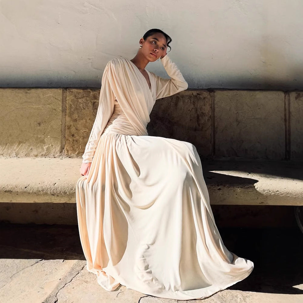 Women's Elegant Wrap Maxi Dress with Deep V-Neckline and Draping Mune Fashion