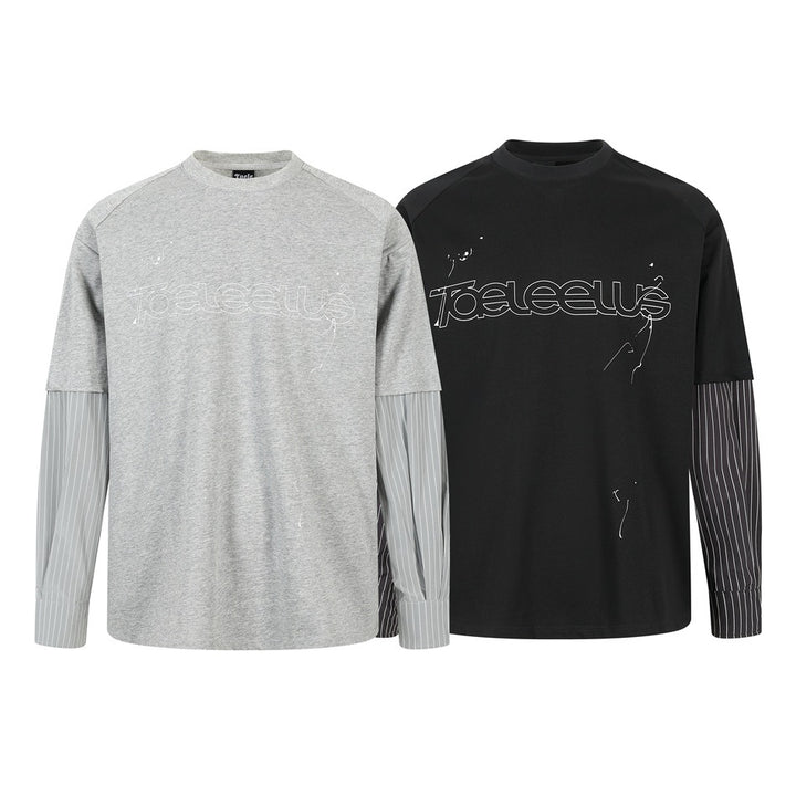 Unisex Layer Long Sleeve Shirt with Half Sleeve Overlay, Striped Contrast Sleeves and Tone-on-Tone Logo Mune Fashion
