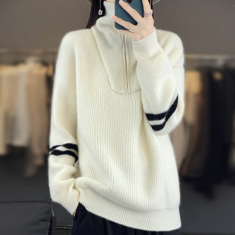 Women's ribbed knit pullover with half zipper, high stand-up collar, and relaxed fit Mune Fashion