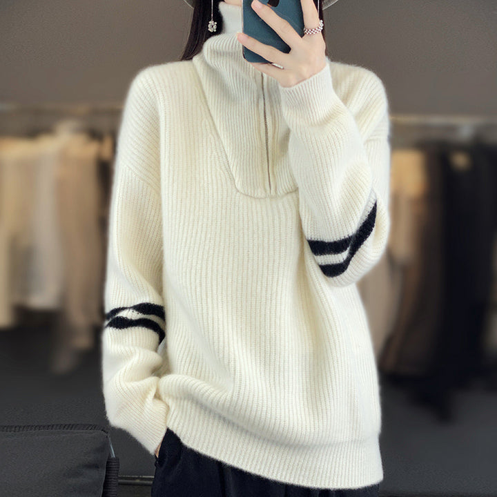 Women's ribbed knit pullover with half zipper, high stand-up collar, and relaxed fit Mune Fashion