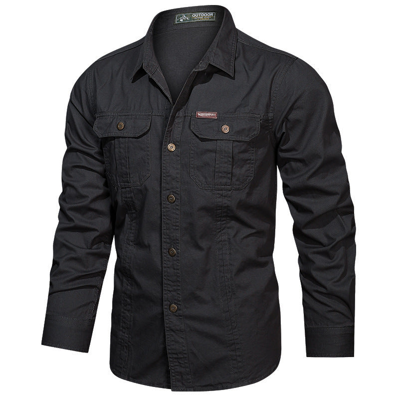 Men's rugged long-sleeve outdoor shirt with double chest pockets and button front