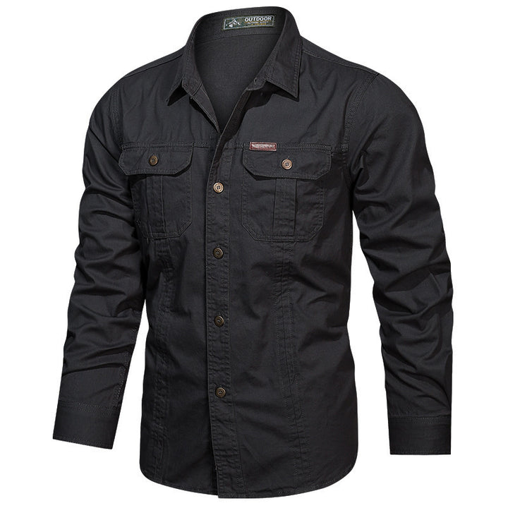 Men's rugged long-sleeve outdoor shirt with double chest pockets and button front