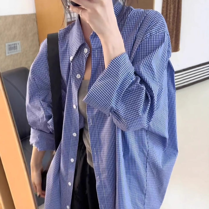Women's Oversize Shirt with Vichy Check, Loose Fit and Continuous Button Placket Mune Fashion