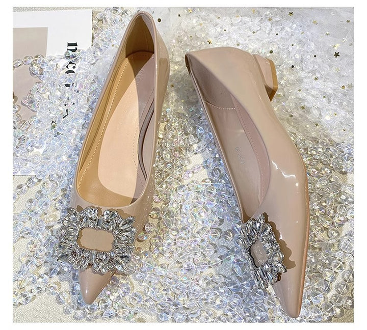 Ladies pointed-toe patent flats with cut crystal buckle Mune Fashion
