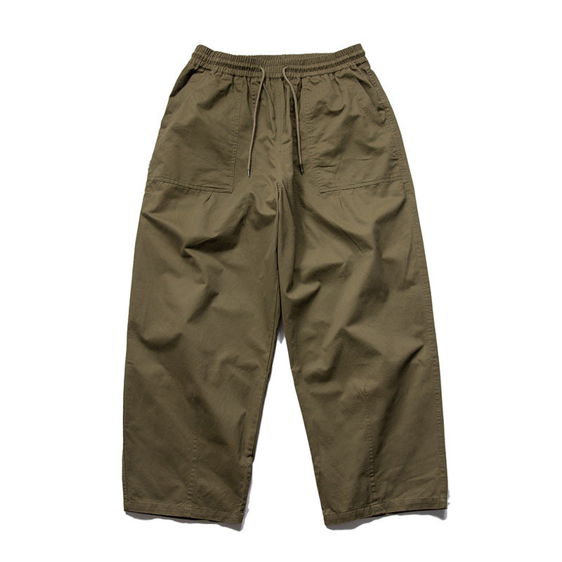 Men's Wide Relaxed Cargo Pants with Elastic Drawstring Waistband and Patch Pockets Mune Fashion