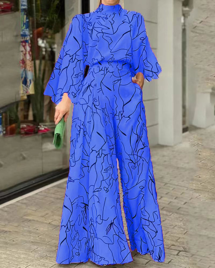 Women's Elegant Longline Jumpsuit with Stand Collar, Balloon Sleeves and Side Pockets