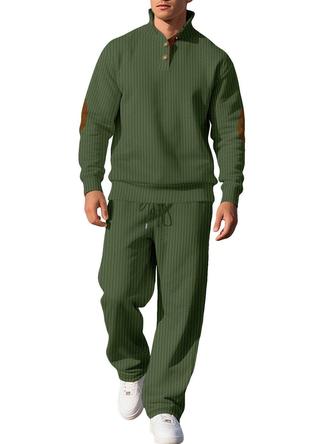 Men's fine ribbed sweater with half button placket, high stand-up collar, and contrasting suede elbow patches Mune Fashion