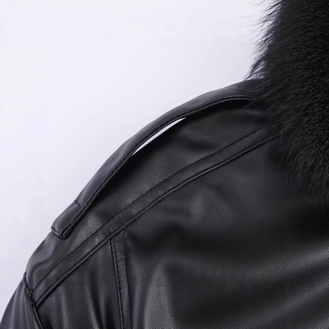 Women's Short Cut Faux Leather Bomber with Voluminous Faux Fur Collar Mune Fashion