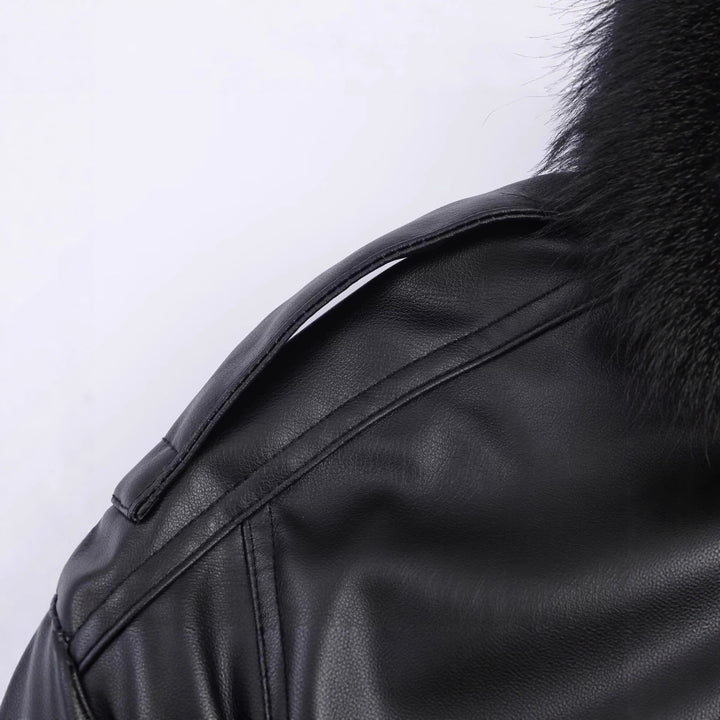 Women's Short Cut Faux Leather Bomber with Voluminous Faux Fur Collar Mune Fashion