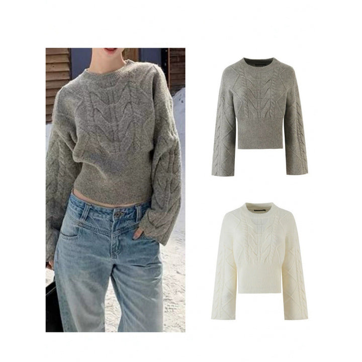Women's Short-Cut Braided Knit Sweater with Wide Sleeve and Ribbed Hem Mune Fashion