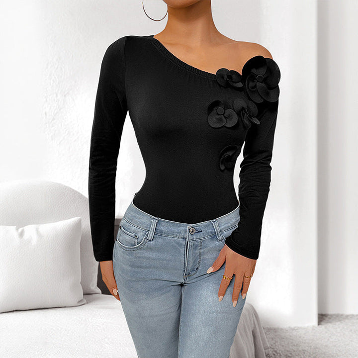 Women's figure-hugging one-shoulder bodysuit with long sleeves and 3D flowers