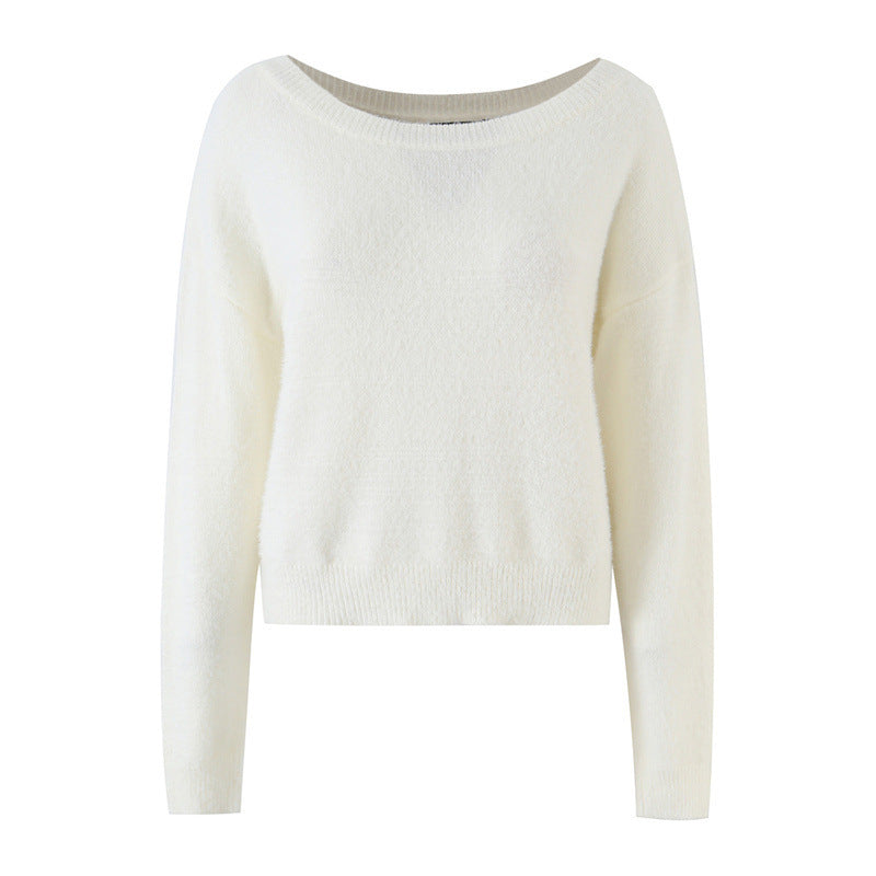 Women's Soft Cropped Sweater with Boat Neck and Oversized Shoulders Mune Fashion