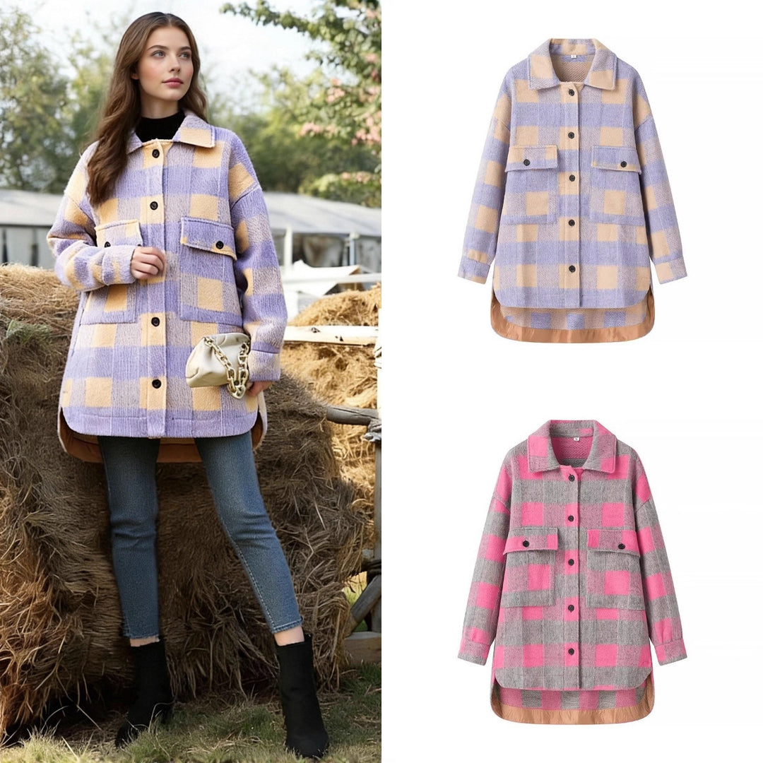 Women Oversize Checked Shirt Jacket with Applied Flap Pockets and Extended Hem Mune Fashion