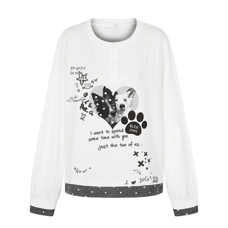 Women's loungewear long sleeve with puppy print, henley button placket and dotted hem