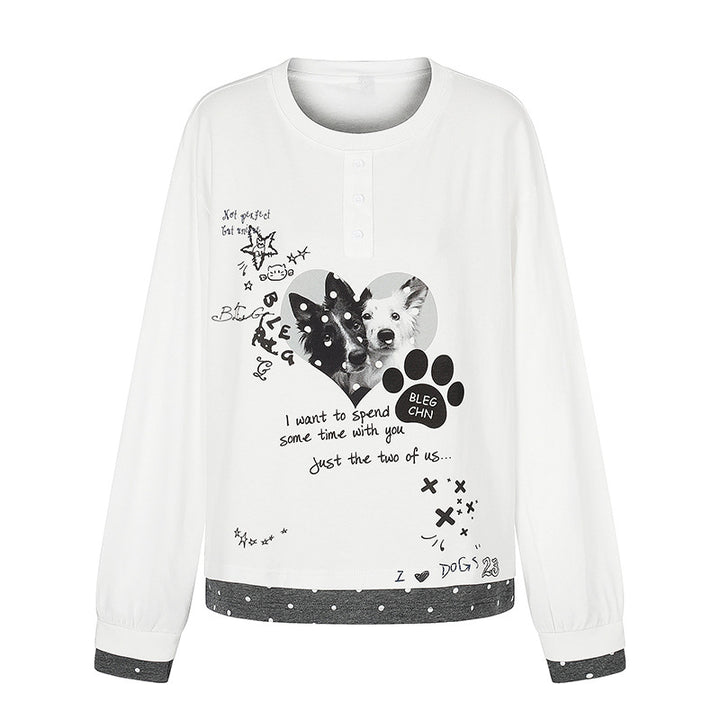 Women's loungewear long sleeve with puppy print, henley button placket and dotted hem