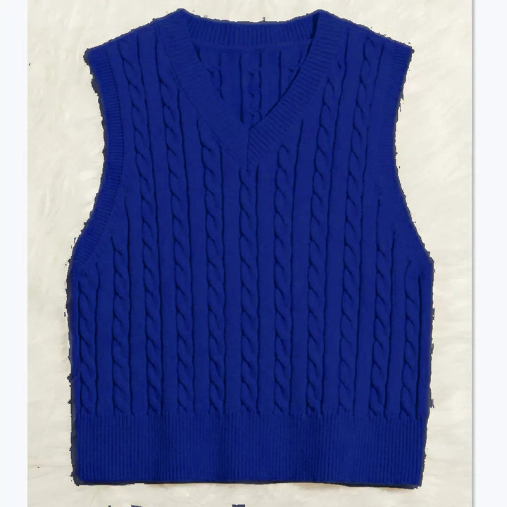 Ladies' Knit Vest with V-Neck and Cable Pattern Mune