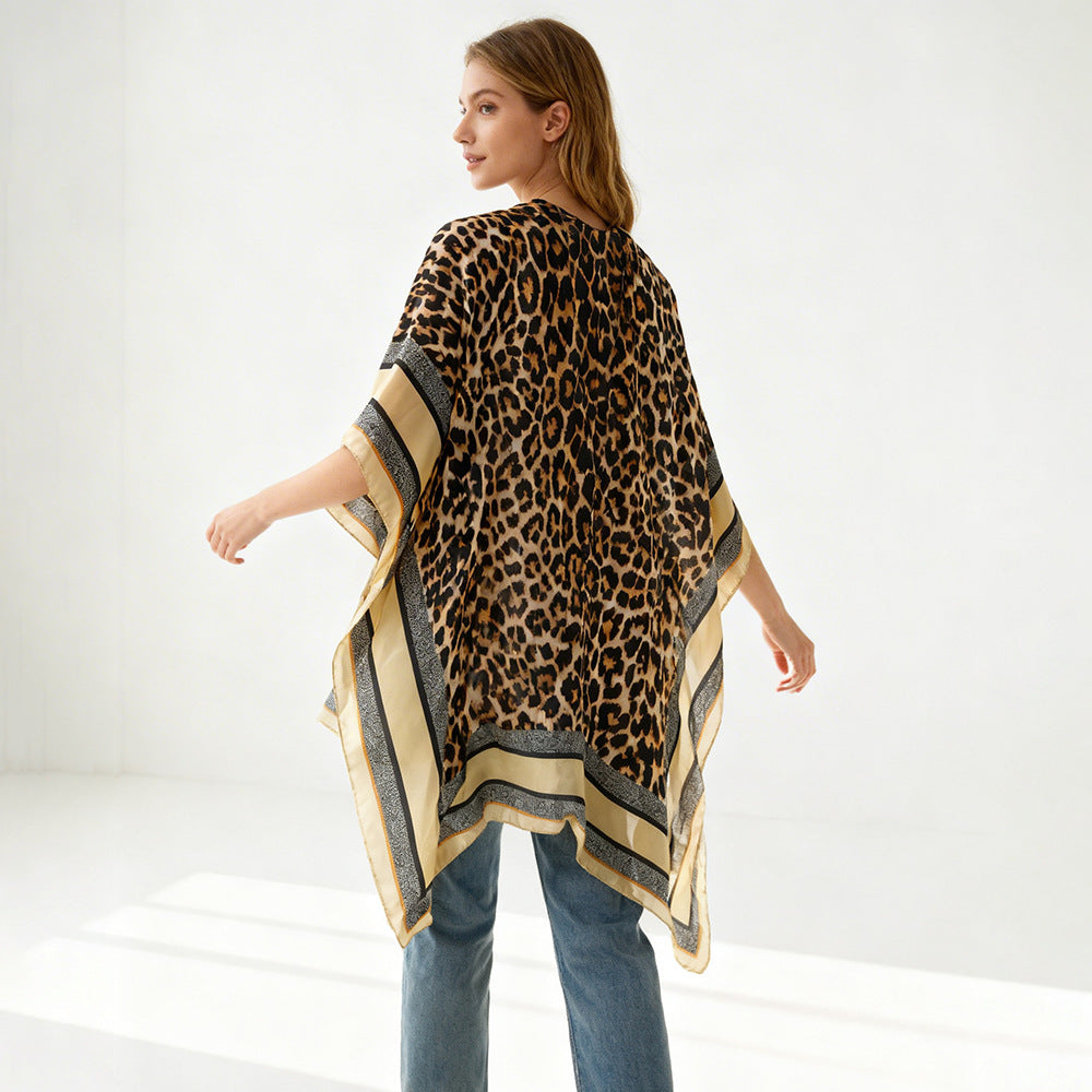 Women Oversized Kimono Wrap with Leopard Print and Wide Satin Border Mune Fashion