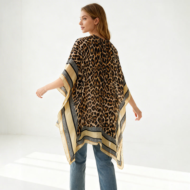 Women Oversized Kimono Wrap with Leopard Print and Wide Satin Border Mune Fashion