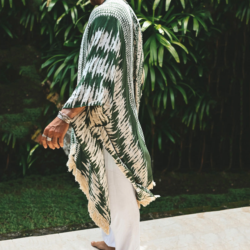 Men's lightweight beach poncho in kimono style with fringe Mune Fashion