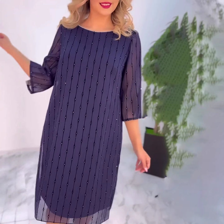 Ladies elegant chiffon midi dress with vertical sequin and bead appliqué as well as transparent three-quarter sleeves Mune Fashion