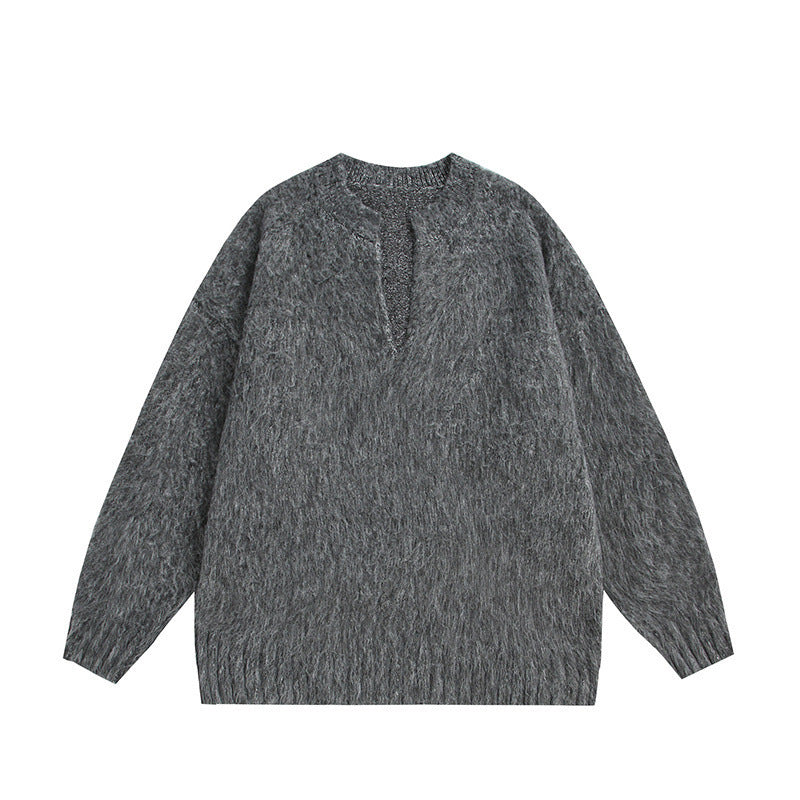 Unisex Oversize Fleece Sweater with V-Slit Collar and Boucle Look Mune Fashion