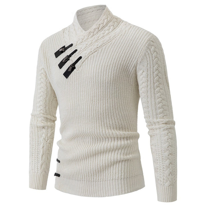 Men's knitted sweater with shawl collar, cable pattern, and distinctive buckle closures Mune Fashion