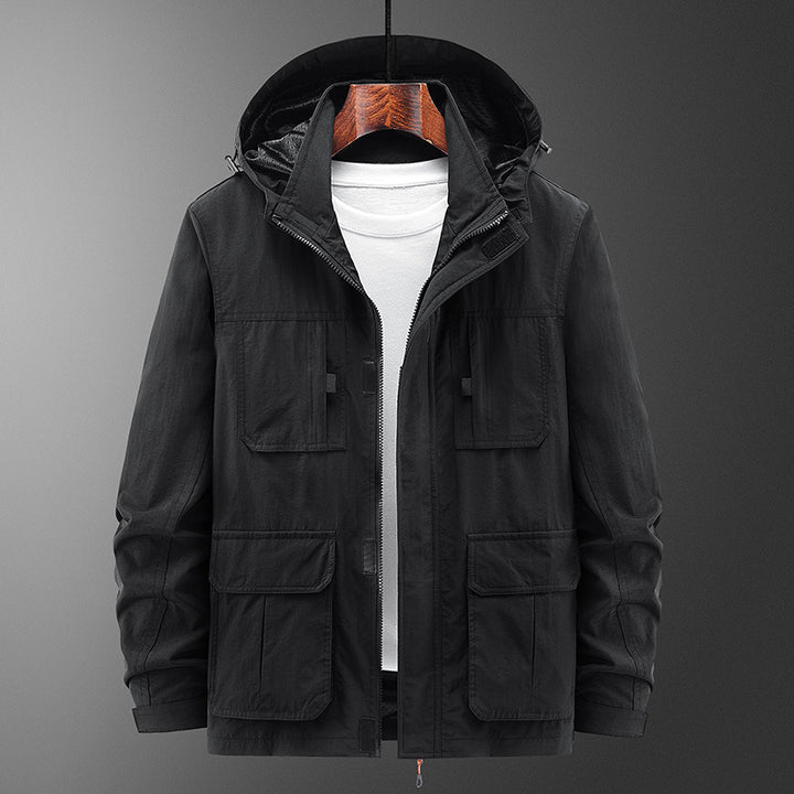 Men's Lightweight Outdoor Field Jacket with Hood, four patch pockets and concealed zipper Mune Fashion