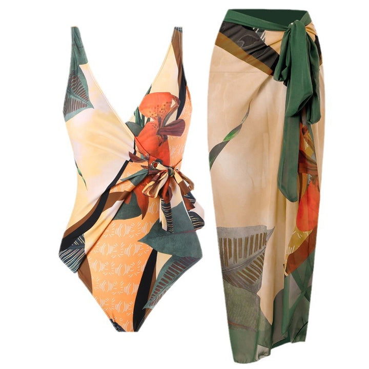 Women's One-Piece Swimsuit with Floral Wrap Skirt Mune Fashion